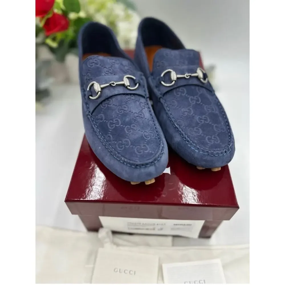 Men's Gucci blue suede GG embossed Driver loafer size 11 fits 11.5 made Italy